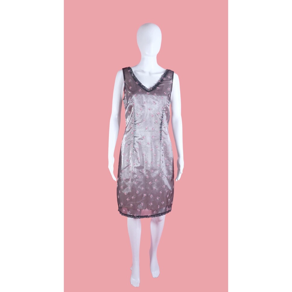 Y2K TESSUTO Pink FLORAL Nylon OVERLAY Ruffle Gray Sleeveless Shift Dress. S-M